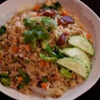 F3 Sausage Fried Rice · Stir fried rice with Chinese sausage, carrots, Chinese broccoli, onions and eggs.