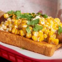 Elote Dog · Buttered Brioche Bun With Premium All Beef Nathans HotDog, Wrapped In Center Cut Bacon, Corn...