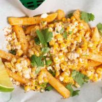Elote Fries · Seasoned Fries Topped With Bacon, Corn, Lime Mayo, Cotija, Chilli, Cilantro, Bacon Bits.