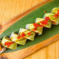 Caterpillar Roll · eel, cucumber, crab topped with avocado, tobico
