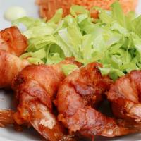 Camarones Rellenos Dely · Shrimp stuffed with cheese then wrapped in bacon. Served wih beans and rice, and flour torti...