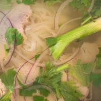 Phở Heo · Gluten-free. Tender pork and thin rice noodles floating in a decadent, aromatic chicken brot...