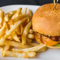 The Clive · 8 oz Angus beef patty, American cheese, double-thick bacon, bibb lettuce, grilled sweet onio...
