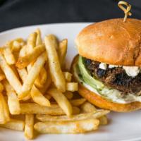 Lamb Burger · Ground lamb sirloin with shallots, thyme, cumin, coriander, topped with chèvre cheese, herb ...