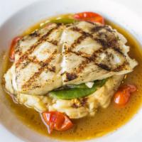 Grilled Halibut · Frenched green beans, cherry tomatoes, seafood consommé, mashed potatoes.