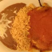 Chile Relleno · Queso fresco filled chiles rellenos. Served with side of rice & beans & 3 handmade corn tort...