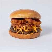 Bbq Pork Burger · BBQ pork, shredded cheddar cheese, onion rings and your choice of additional toppings.