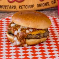 Chili Burger · Mugsy sauce, chili, onions, shredded cheddar cheese and your choice of additional toppings.