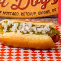 All American · Mugsy dog, ketchup, mustard, relish and onions.
