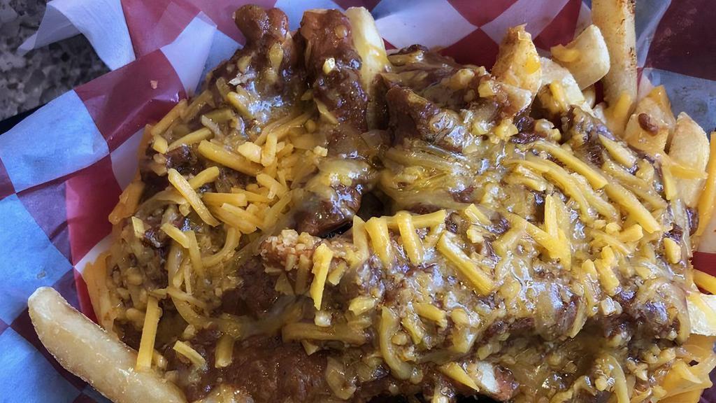 Chili Cheese Fries · French Fries topped with Chili and cheddar cheese.