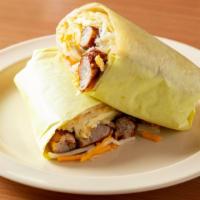 4 Breakfast Burrito · Favorite. Two scrambled eggs, hashbrowns, cheese, choice of meat.