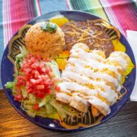 3 Chicken Flauta Plate · 3  fried rolled corn tacos stuffed with chicken and topped with lettuce, tomato, cheese and ...