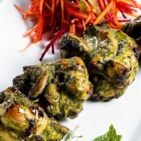 Hariyali Chicken Kebab · (GF) Grilled herbaceous chunks of chicken marinated with cilantro, mint & green chilies