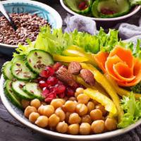 Vegetarian Bowl · Include feta cheese, crispy harissa chickpeas, kalamata olives, banana peppers, market green...