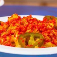 Five Alarm · Tossed in our own sharp cheddar and Monterey Jack cheese sauce and topped with Flamin’ Hot C...