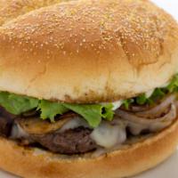 Mushroom Burger · 1/3 pound burger with swiss cheese, mushrooms and grilled onions.  Comes with mayo and lettuce