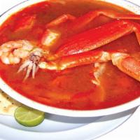 Caldo 7 Mares · Seven types of seafood in a spicy shrimp broth with carrots and celery.