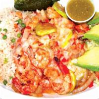 Camarones Campesinos · Seasoned shrimp with onions, tomatoes, zucchini and melted cheese with rice, salad and three...