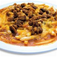 Smothered Fries W/Chicharron · Smothered fries with homemade green chile and melted cheese.