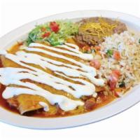 Enchiladas Smothered · Three enchiladas your choice of chicken, steak or shrimp, smothered with green chili topped ...