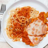 Chicken Parmigiana Lunch · Breaded chicken breast topped with marinara and melted mozzarella, served with spaghetti.