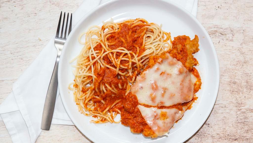 Chicken Parmigiana Lunch · Breaded chicken breast topped with marinara and melted mozzarella, served with spaghetti.