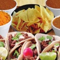 Taco Box · Taco box includes 20 tacos of choice either chicken, pork, and/or beef. one 8oz salsa, chips...