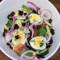 Farmer'S Salad · Fresh chopped lettuce, cucumbers, tomatoes, black olives, hard-boiled eggs, cheddar cheese, ...