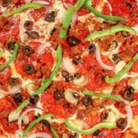 Supreme  · Uncured pepperoni, homemade italian sausage, red onions, green peppers, mushrooms, and black...