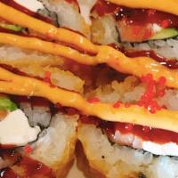 Vegas Roll · Deep-fried roll, smoked  salmon ，avocado cream cheese inside, topped with spicy mayo and eel...