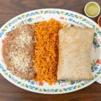 Big Burrito Plate · Choice of meat, beans, rice and pico de gallo, wrapped in a flour tortilla. Served with rice...