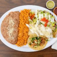 Tamal, Enchilada & Taco · Tamal, enchilada and taco with rice and beans. Choice of meat for taco and enchilada, home-m...