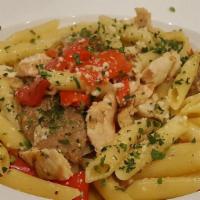 Penne Scarpariello · Chicken, Italian sausage and sweet red peppers in a rosemary lemon garlic sauce