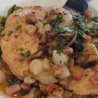 Pollo Bacco · Chicken breast with mushrooms, pearl onion and pancetta in a garlic goat cheese red wine red...