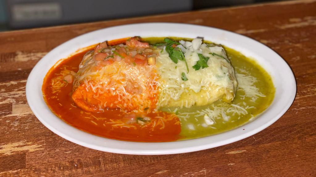 Wet Burrito · (Red or green sauce) flour wrapped tortilla, rice, beans, cheese, sour cream, your choice of meat topped with our home sauce, melted cheese, pico de gallo or onion and fresh cilantro.