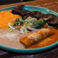 Carne Santa Fe * * · Our most popular 8 oz. Steak accompanied with red sauce and enchilada or a chile relleno wit...