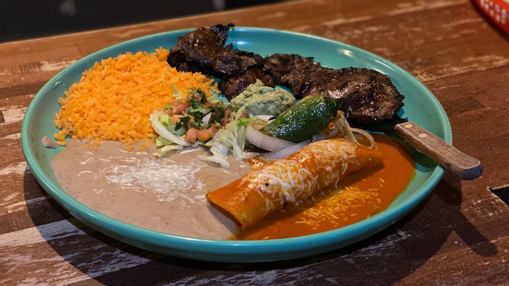 Carne Santa Fe * * · Our most popular 8 oz. Steak accompanied with red sauce and enchilada or a chile relleno with fried jalapenos onjons & guacamole.