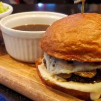 French Dip Burger · 1/2lb Chuck Brisket Blend Patty, Emmentaler Swiss Grilled Mushrooms, Horseradish Creme , Au ...