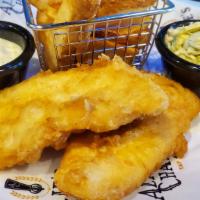 Fish & Chips · Tempura Battered White Fish with Potato Scoops, Sweet & Spicy Coleslaw, House Tartar Sauce