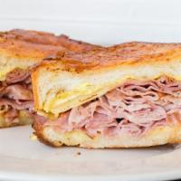 Croque Monsieur · oven roasted ham, aged gruyere cheese, dijonnaise, grilled parmesan-coated Grand Central Bak...