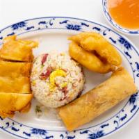 Combination Dinner No. 1 · Pork fried rice, mandarin chicken, fried shrimp, and egg roll.