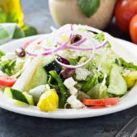 House Salad · Fresh garden greens including tomatoes,  olives, carrots, bell peppers, mushrooms, and cucum...