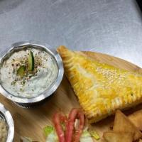 Greek Bistro Tray · tray with all the combo(hummus,flafel,dolma,tizdiki sauce,babaganoush and choice of spanakop...