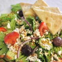 Greek Salad · romaine lettuce,red onion,tomatoes,feta,cucambers,kalamata olives,pepperoncini Served with w...