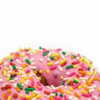 Pink Rainbow Donut · Pink colored icing, topped with rainbow sprinkles.