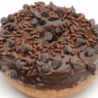 Chocolate Coma Donut · Chocolate icing, topped with mini chocolate chips and chocolate sprinkles.