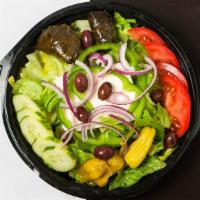 Greek Salad · Mixed greens, feta cheese, green bell pepper, dolmades, pepperoncini, Roma tomato, cucumber,...