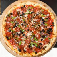 Super Goomba Pizza · Genoa salami, capicola ham, Italian sausage, pepperoni, black olives, red onions, green bell...