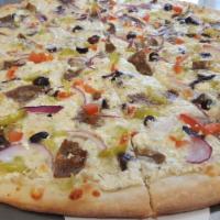 Paulies'S Pizza · Sliced gyro, Roma tomato, red onion, feta, kalamata olives, oregano, pepperoncini, cracked b...