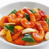 Spt'S Sweet And Sour Shrimp · Jumbo shrimp sautéed with fresh pineapple chunks, carrots, cucumbers, tomatoes and bell pepp...